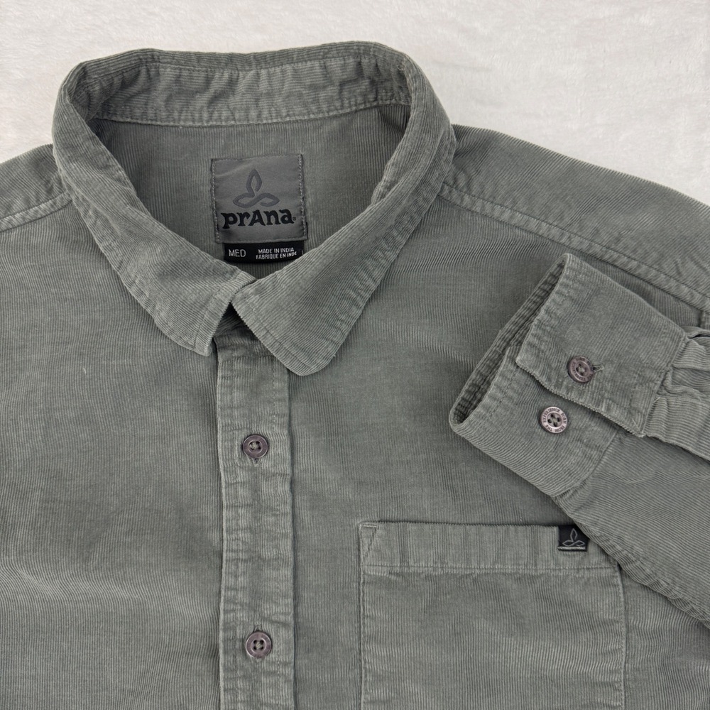 Prana Breathe Mens Medium Grey Green Corduroy Long Sleeve Button Down Shirt